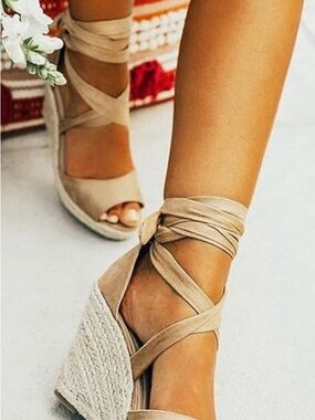 Neutral Wrap-Around Espadrille Wedge Sandals